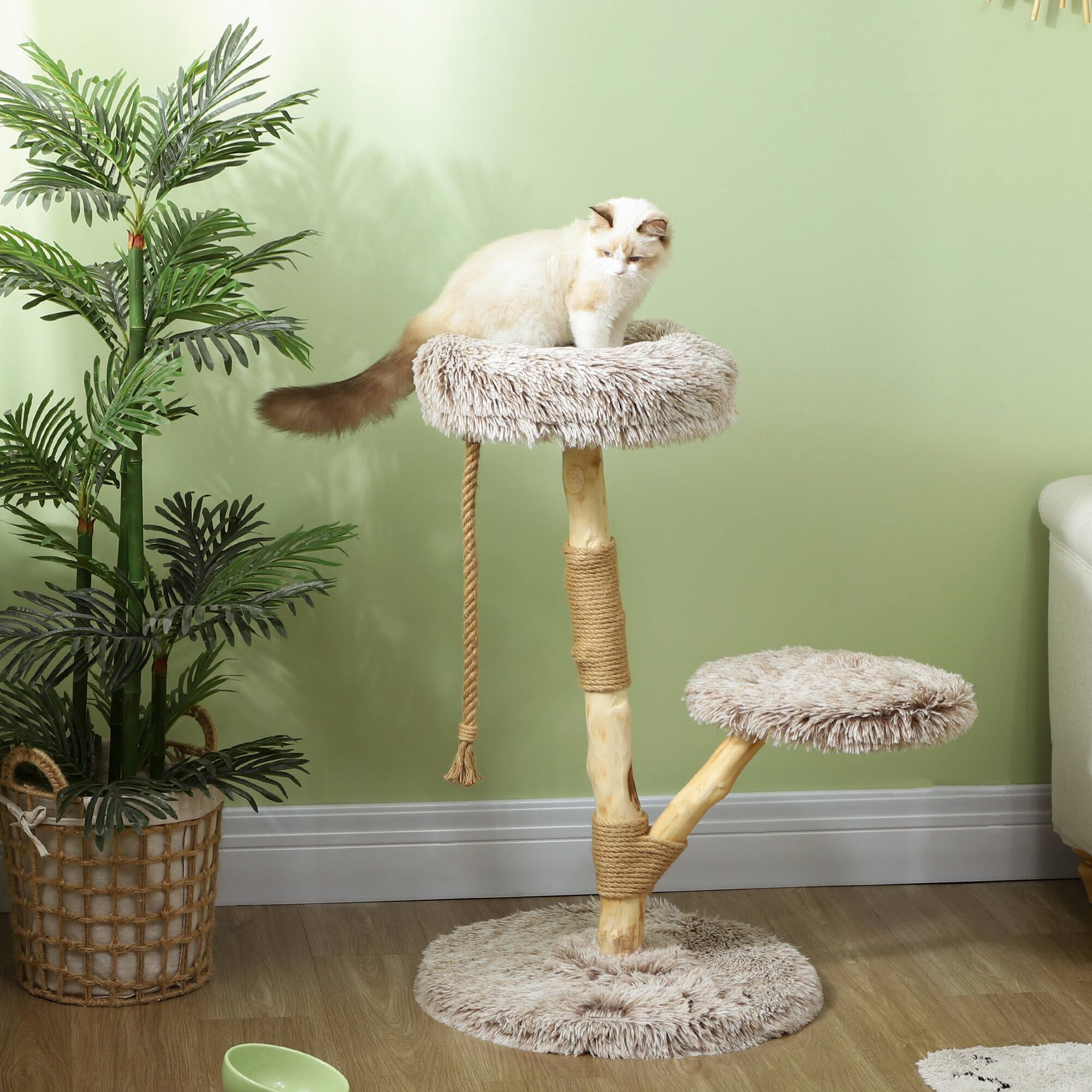 Angle. Pawhut - 35 Inch Modern Cat Tree Tower for Indoor Adult Cats with Wooden Natural Branch Scratching Posts, Cat Bed & Rope Toy - Brown.
