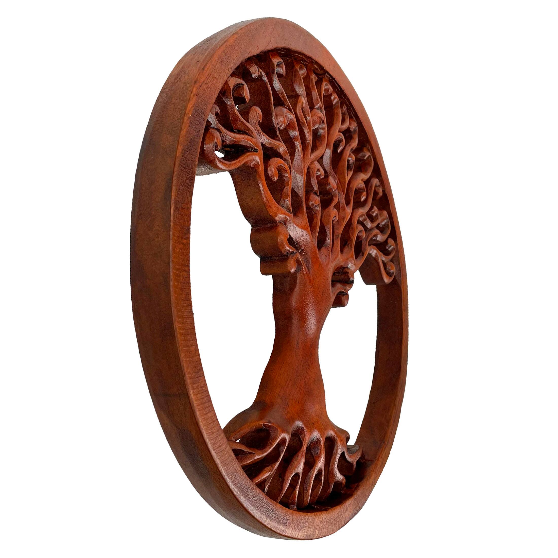 Alt View 1. Zeckos - Hand Carved Mahogany Tree Of Life Wood Wall Plaque - 11.5 Inches in Diameter - Boho Style - Brown.