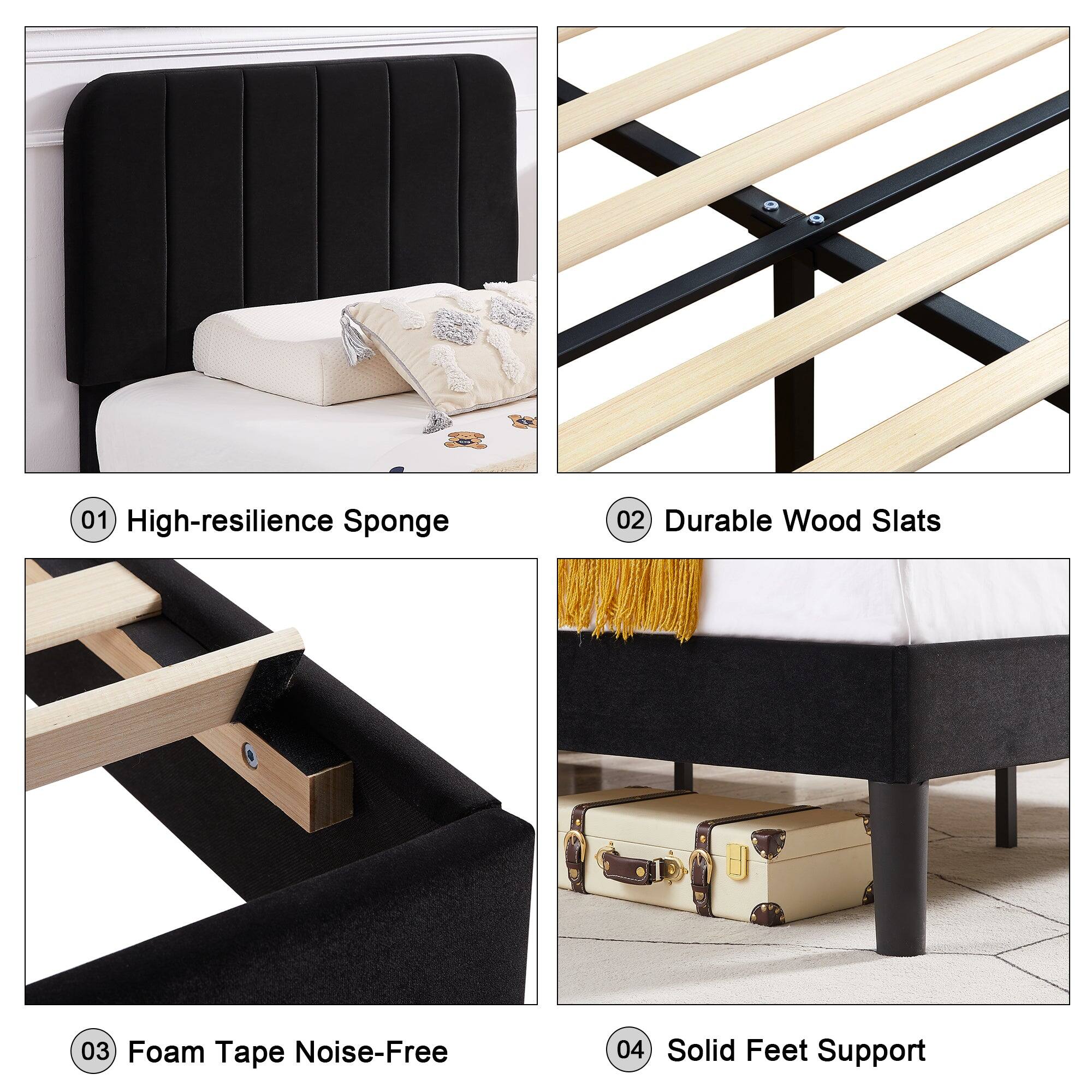 01 High-resilience Sponge  
02 Durable Wood Slats  
03 Foam Tape Noise-Free  
04 Solid Feet Support