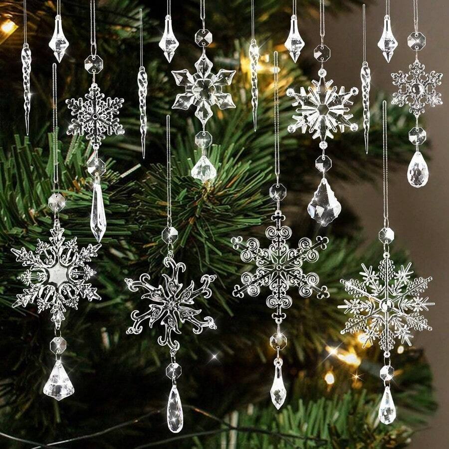 Live At Space - Tree Ornaments 16pcs Snowflake Hanging Decorations Acrylic Icicle Winter Party New Year Wall Window Decorations Clear - 透明