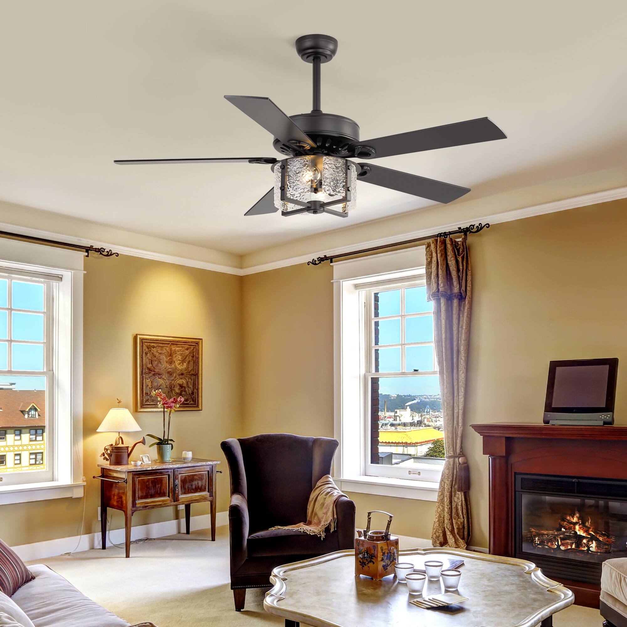Back. Breezary - 52-Inch Large Ceiling Fan with Light Fixture, 5 Dual-Finish Plywood Blades, DC Motor, Remote Control, 5/10-Inch Downrods - Matte Black with Rich Walnut.