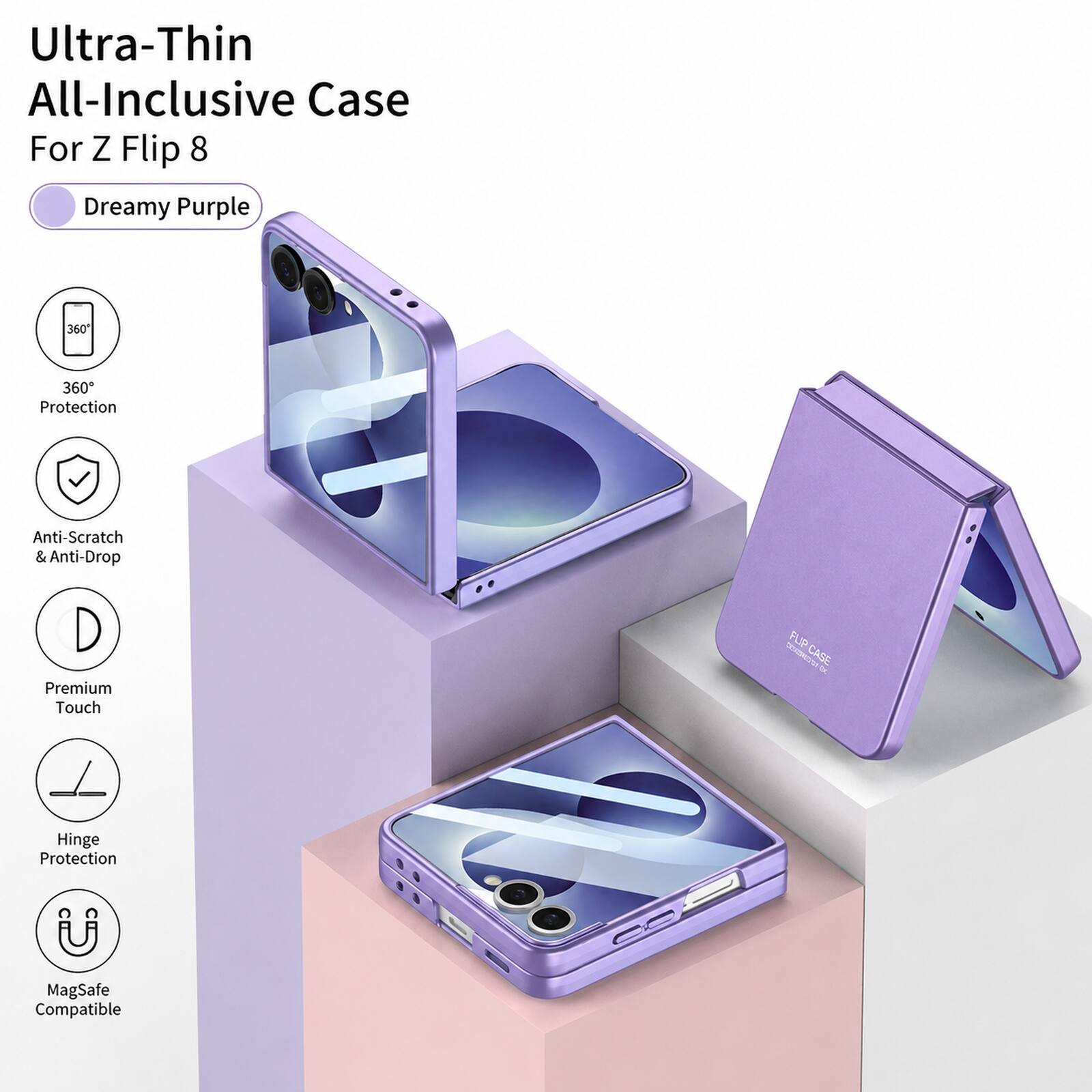 Ultra-Thin All-Inclusive Case For Z Flip 8  
Dreamy Purple  
360° Protection  
Anti-Scratch & Anti-Drop  
Premium Touch  
Hinge Protection  
MagSafe Compatible