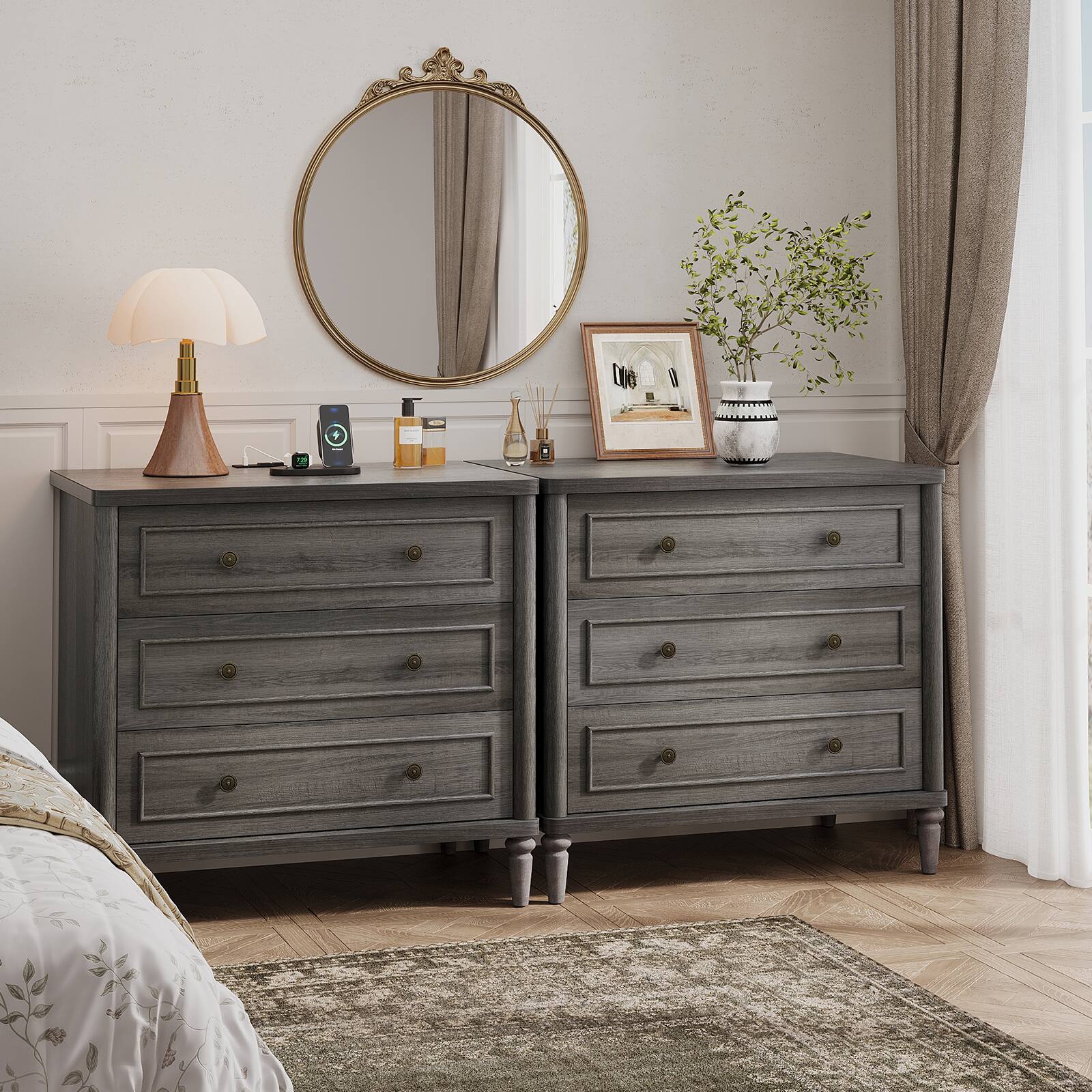 Back. Bestier - 3 Drawer Farmhouse Nightstand, Mid-Century Fluted Bedside Table with Charging Station - Charcoal Stained Ash.