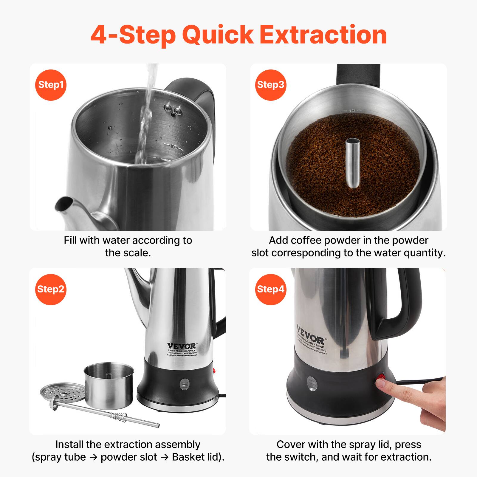 4-Step Quick Extraction

Step 1
Fill with water according to the scale.

Step 2
Install the extraction assembly (spray tube → powder slot → Basket lid).

Step 3
Add coffee powder in the powder slot corresponding to the water quantity.

Step 4
Cover with the spray lid, press the switch, and wait for extraction.