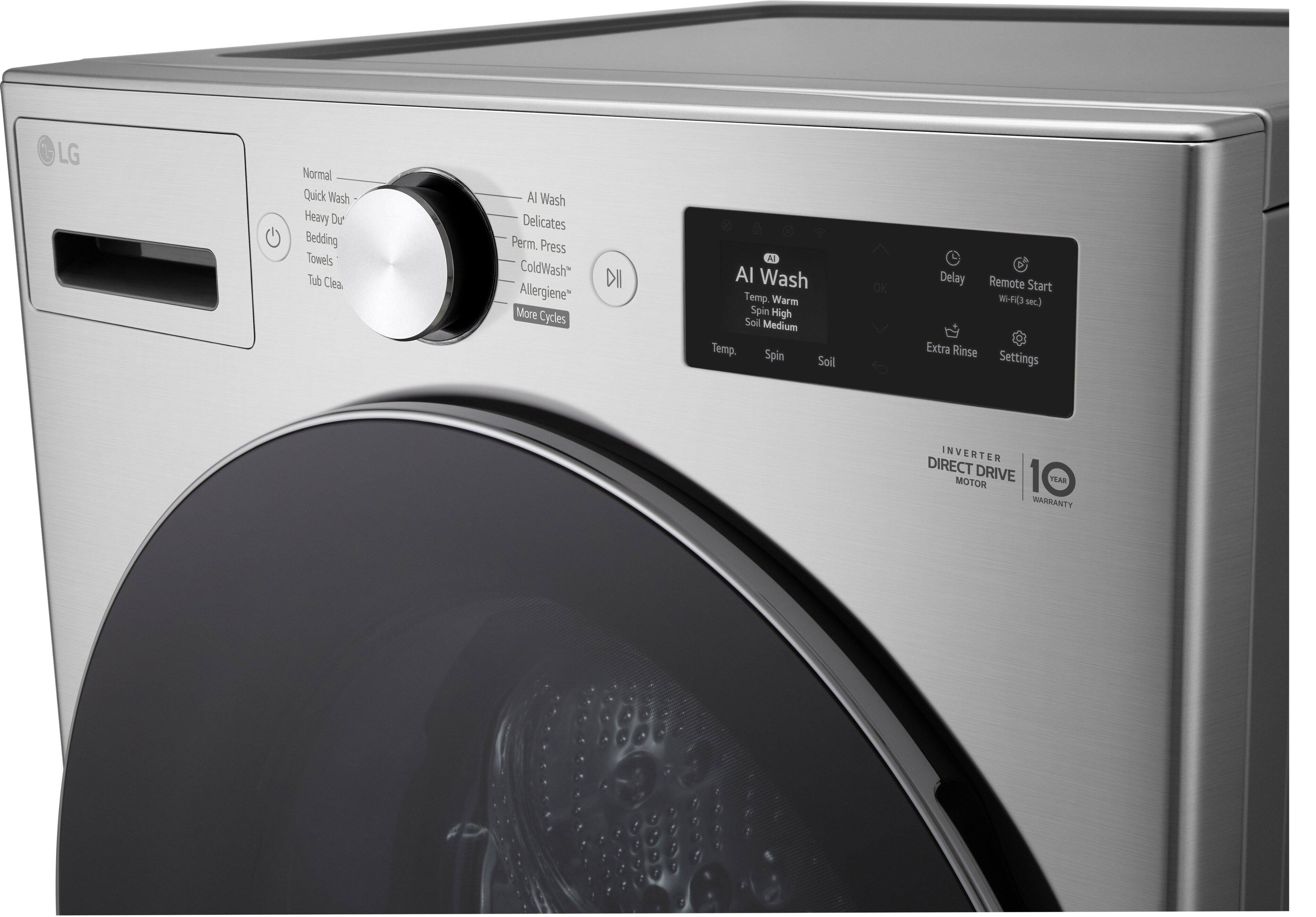 LG

Normal  
Quick Wash  
Heavy Du  
Bedding  
Towels  
Tub Clean  

AI Wash  
Delicates  
Perm. Press  
ColdWash™  
Allergiene™  
More Cycles  

AI Wash  
Temp. Warm  
Spin High  
Soil Medium  

Delay  
Remote Start  
Wi-Fi (sec.)  
Extra Rinse  
Settings  

INVERTER DIRECT DRIVE MOTOR  
10 YEAR WARRANTY