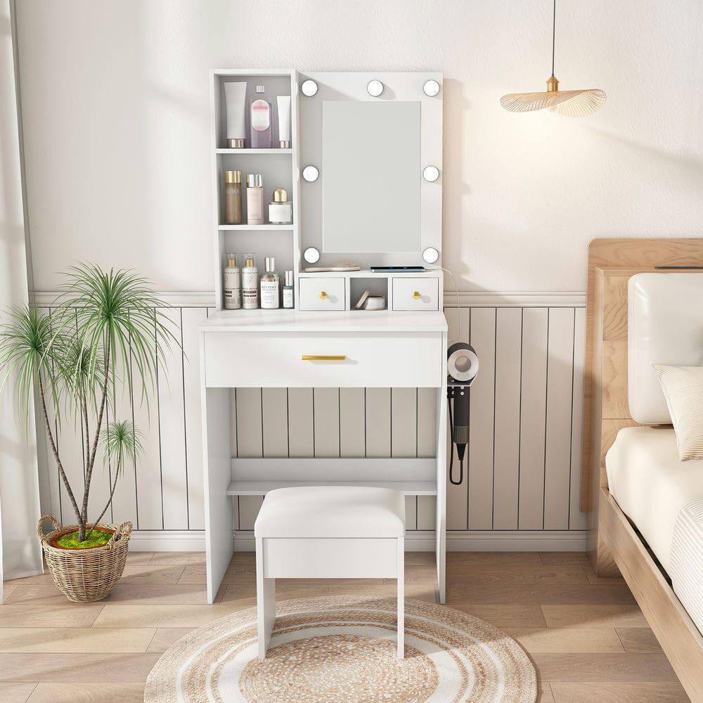 Alt View 10. Kadyn - LED Mirror Vanity Table with Electrical Outlet and Included Stool - White - White.