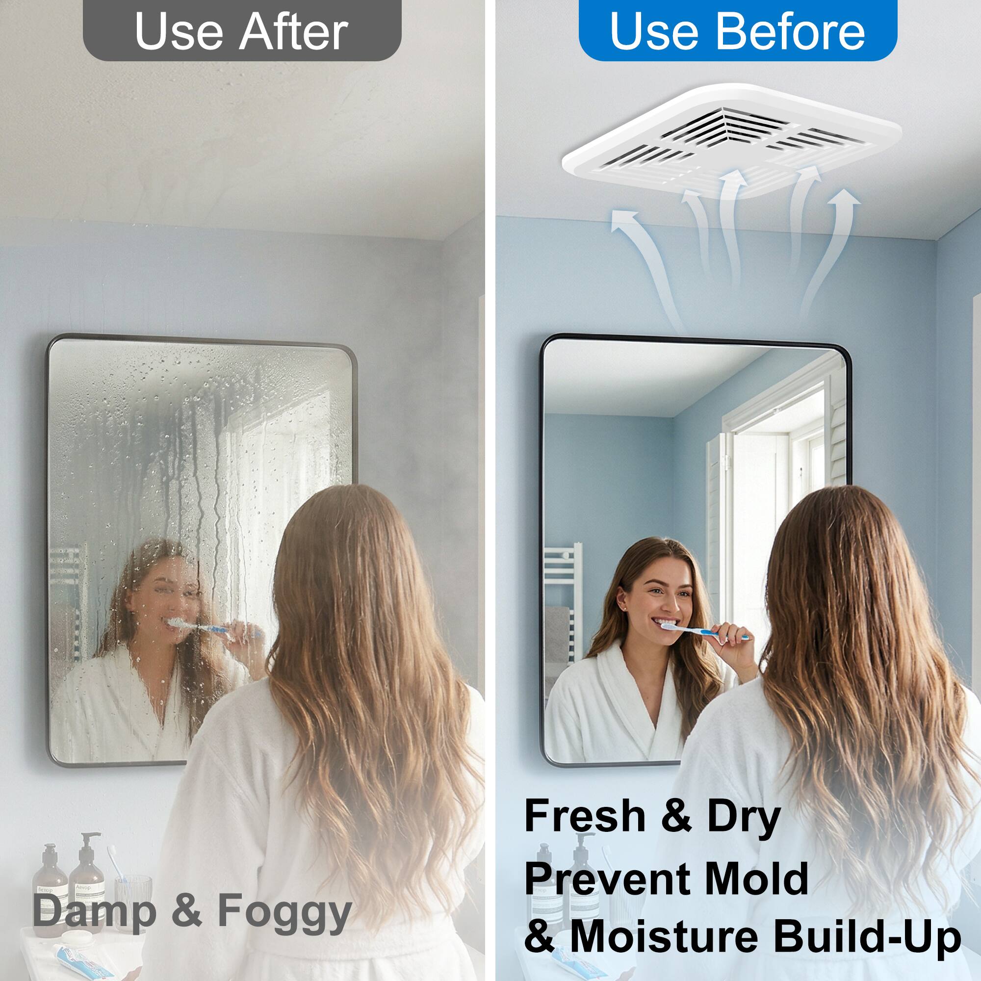 Use After  
Use Before  
Damp & Foggy  
Fresh & Dry  
Prevent Mold & Moisture Build-Up