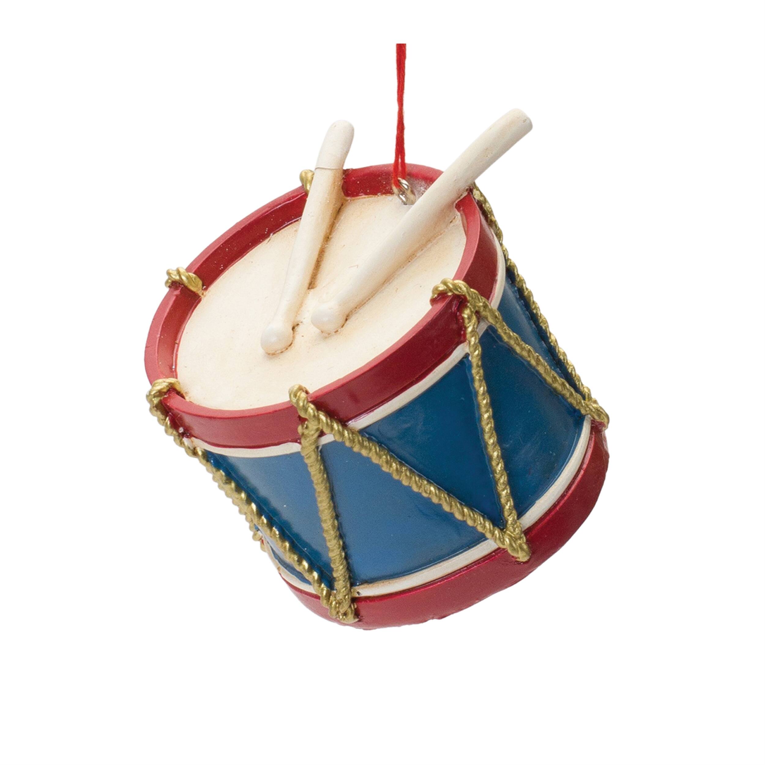 Left. BreeBe - Toy Drum and Top Spinner Ornament (Set of 12) - Red, Blue, Gold.