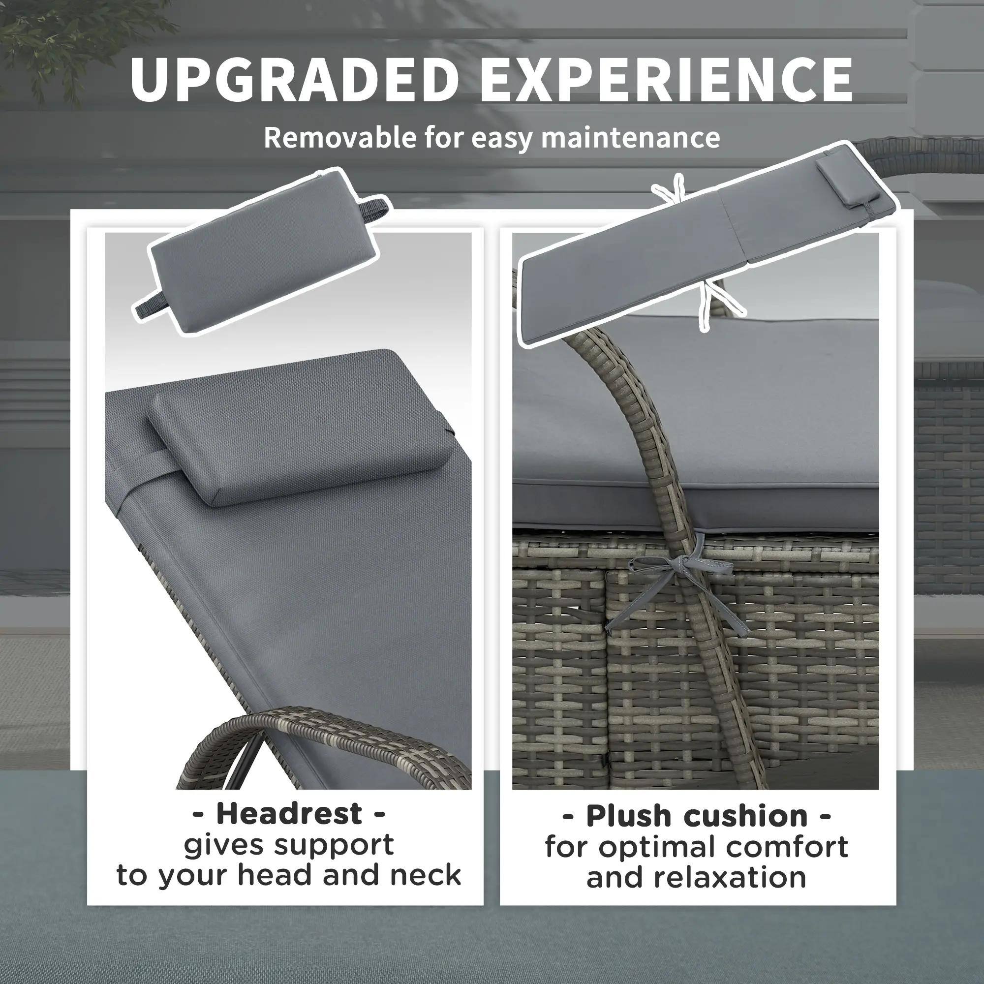 UPGRADED EXPERIENCE

Removable for easy maintenance

- Headrest - gives support to your head and neck
- Plush cushion - for optimal comfort and relaxation