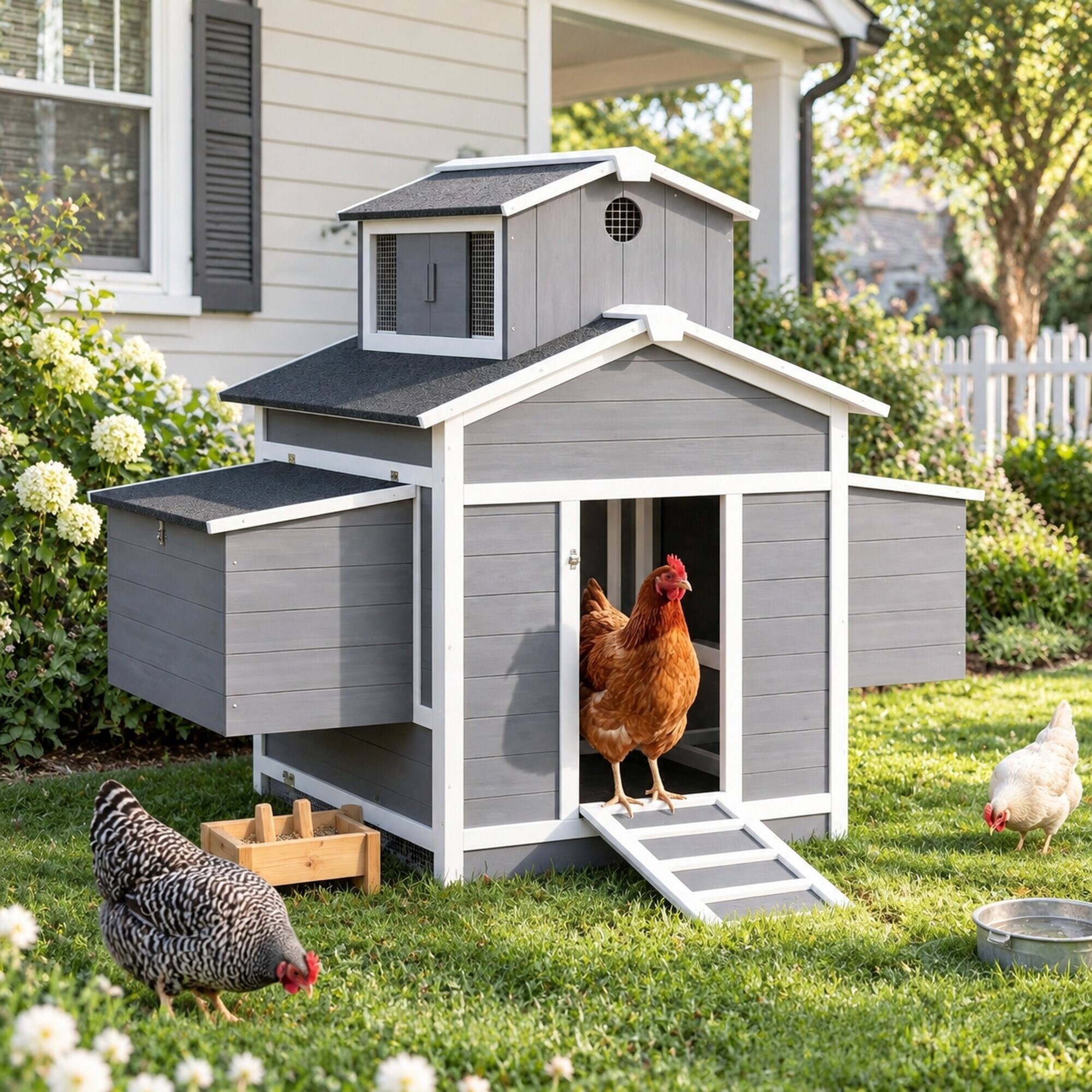 Back. RYHNUYNE - Wooden Chicken Coop for 2 Hens, Fir Wood, Wire Mesh, 53.1 in L x 37 in W x 43.9 in H, Gray and White.