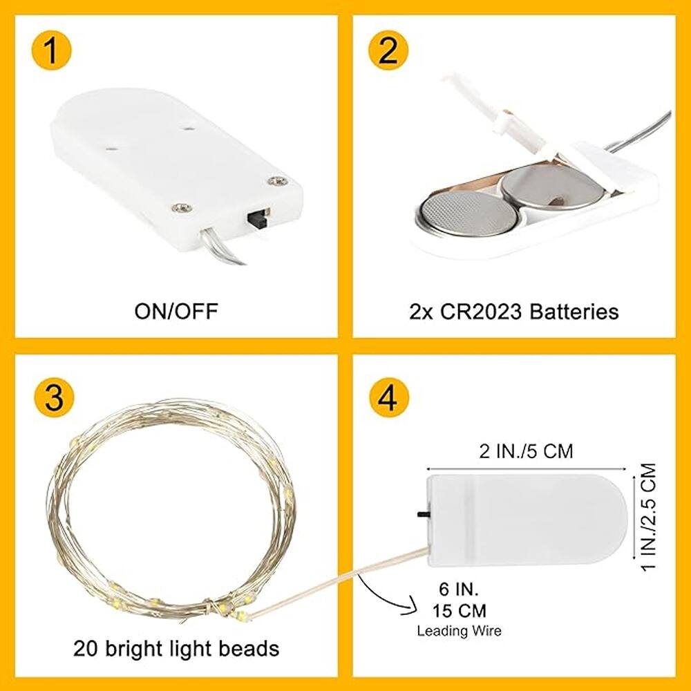 1. ON/OFF

2. 2x CR2023 Batteries

3. 20 bright light beads

4. 2 IN./5 CM  
   1 IN./2.5 CM  
   6 IN./15 CM  
   Leading Wire