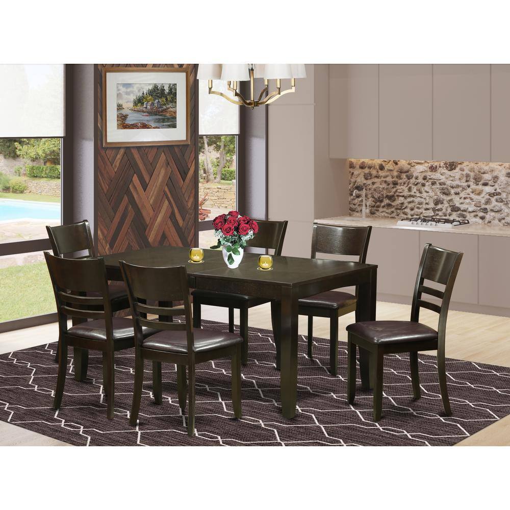 Back. East West Furniture - 7 PC Dining room set-Dining Table with Leaf and 6 Dining Chairs - Cappuccino.