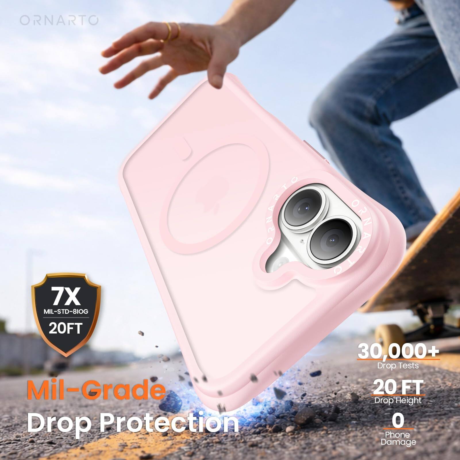 ORNARTO  
7X MIL-STD-810G 20FT  
Mil-Grade Drop Protection  
30,000+ Drop Tests  
20 FT Drop Height  
0 Phone Damage