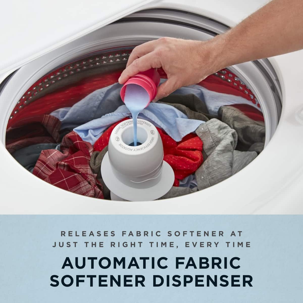 REleases fabric softener at just the right time, every time
Automatic fabric softener dispenser