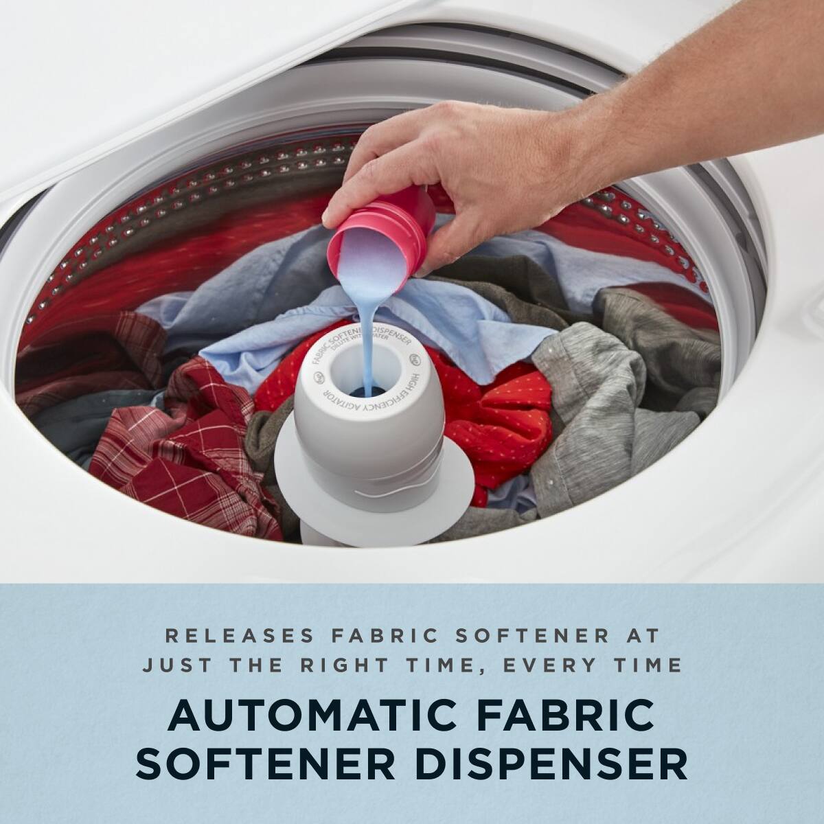 REleases fabric softener at just the right time, every time

Automatic fabric softener dispenser