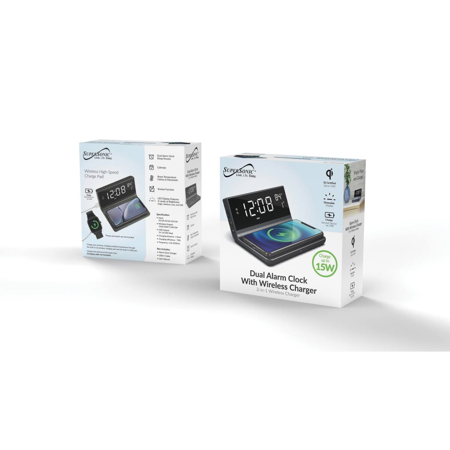 SUPERSONIC - Wireless High-Speed Charge Pad

12:08

Dual Alarm Clock With Wireless Charger

15W Dual Alarm With Clock 2-in-1 Wireless Charger