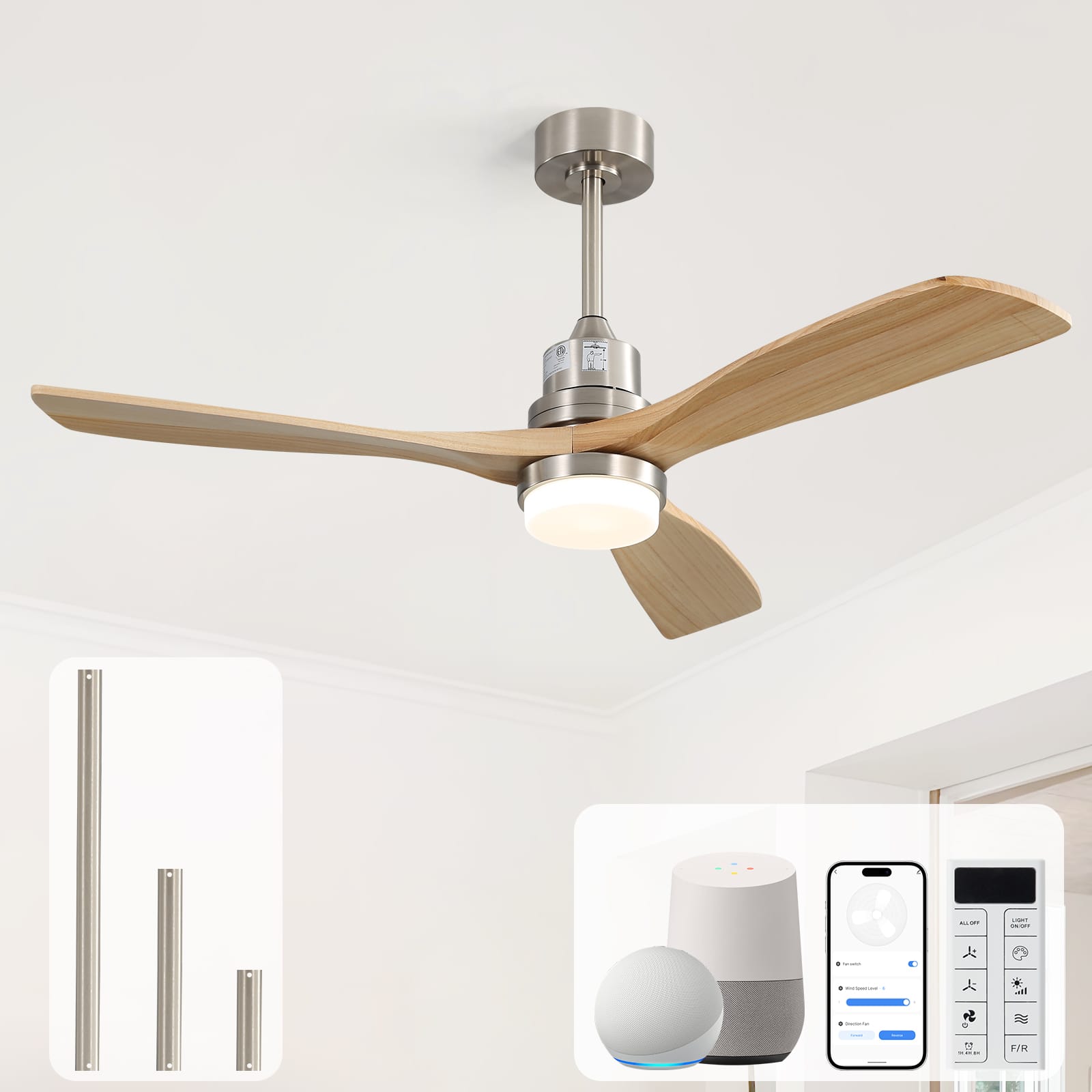 Sofucor - 52 Inch Smart Solid Wood Ceiling Fans and Alexa/Google Assistant/APP/Remote for Bedroom Living Room Farmhouse Patio - Nickel - With Light