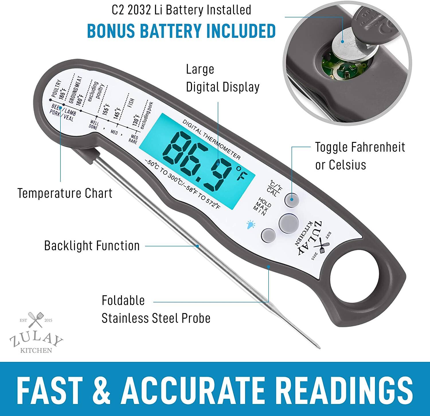 C2 2032 Li Battery Installed BONUS BATTERY INCLUDED
Large Digital Display
Temperature Chart
Toggle Fahrenheit or Celsius
Backlight Function
Foldable Stainless Steel Probe
FAST & ACCURATE READINGS
