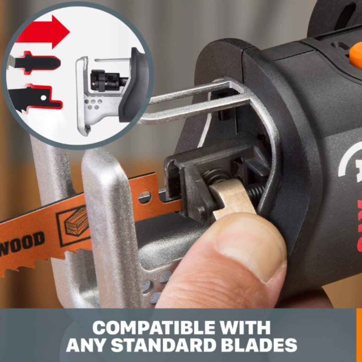 The image shows a person holding a tool, likely a saw or a drill, with a blade attached to it. The text on the image reads "Wood I! Compatible with any standard blades." This suggests that the tool is designed to work with a variety of standard blades, making it versatile and suitable for different cutting or drilling tasks.