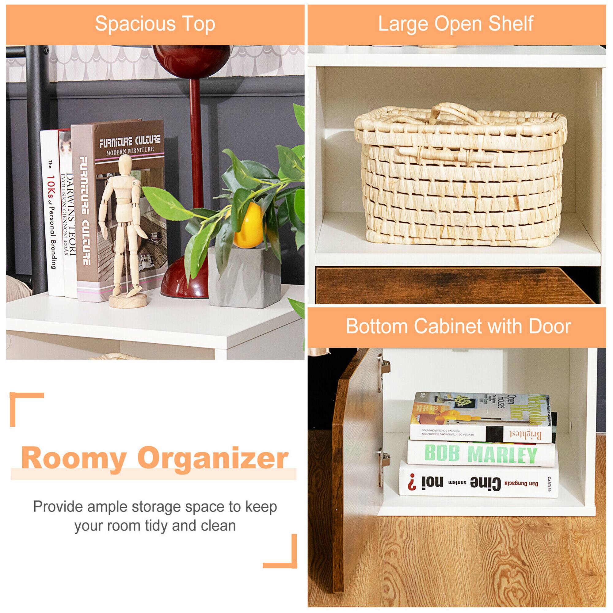 Spacious Top, Large Open Shelf, Bottom Cabinet with Door. Roomy Organizer: Provide ample storage space to keep your room tidy and clean.