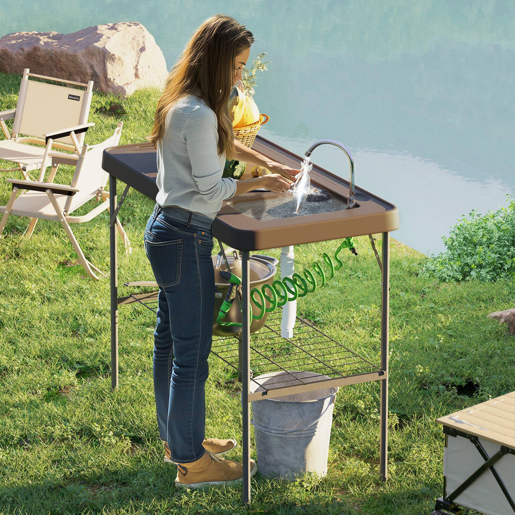 Alt View 1. Outsunny - Folding Fish Cleaning Table with Sink, Portable Camping Sink Station with Faucet, Drainage Hose, Sprayer - Tan.
