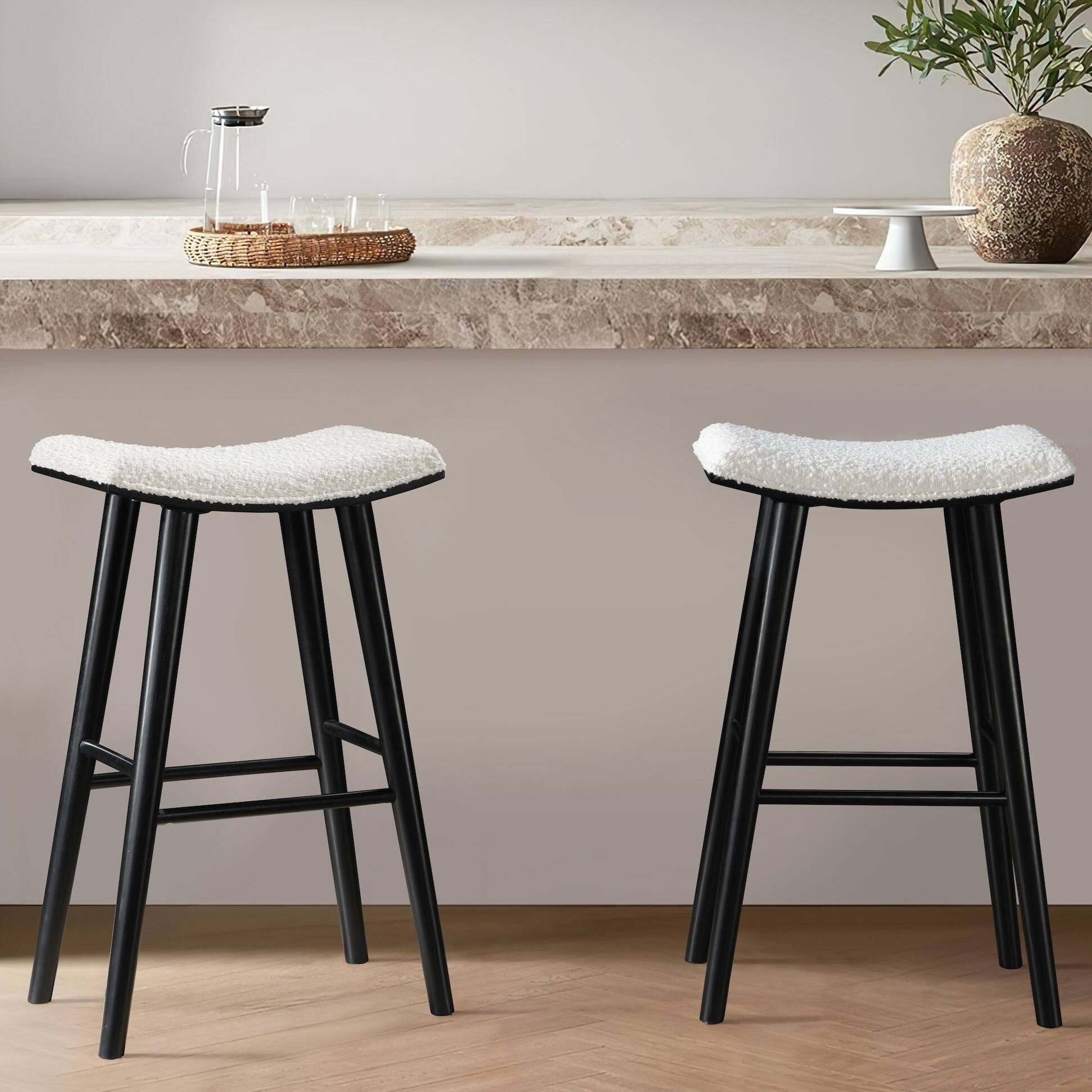 Angle. LuXeo - Luna 29 in. Black Backless Wood Saddle Bar Stools with White Boucle Fabric Seat (Set of 2) - Black/white.