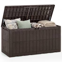 WELLFOR - 120 Gal Outdoor Deck Box with Lid and Handles for Garden Tools - Brown