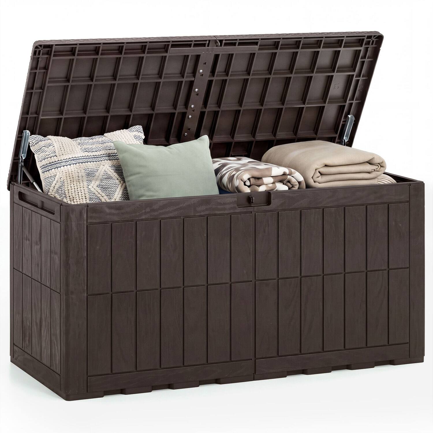 Front. WELLFOR - 120 Gal Outdoor Deck Box with Lid and Handles for Garden Tools - Brown.