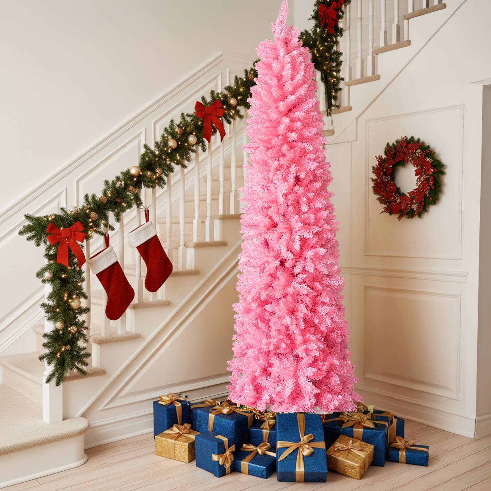 Angle. VAVSEA - 7.5 ft Pink Pencil Christmas Tree Artificial Slim, 1075 Tips Hinged Unlit Christmas Tree with Stand for Holiday Decor - Pink.
