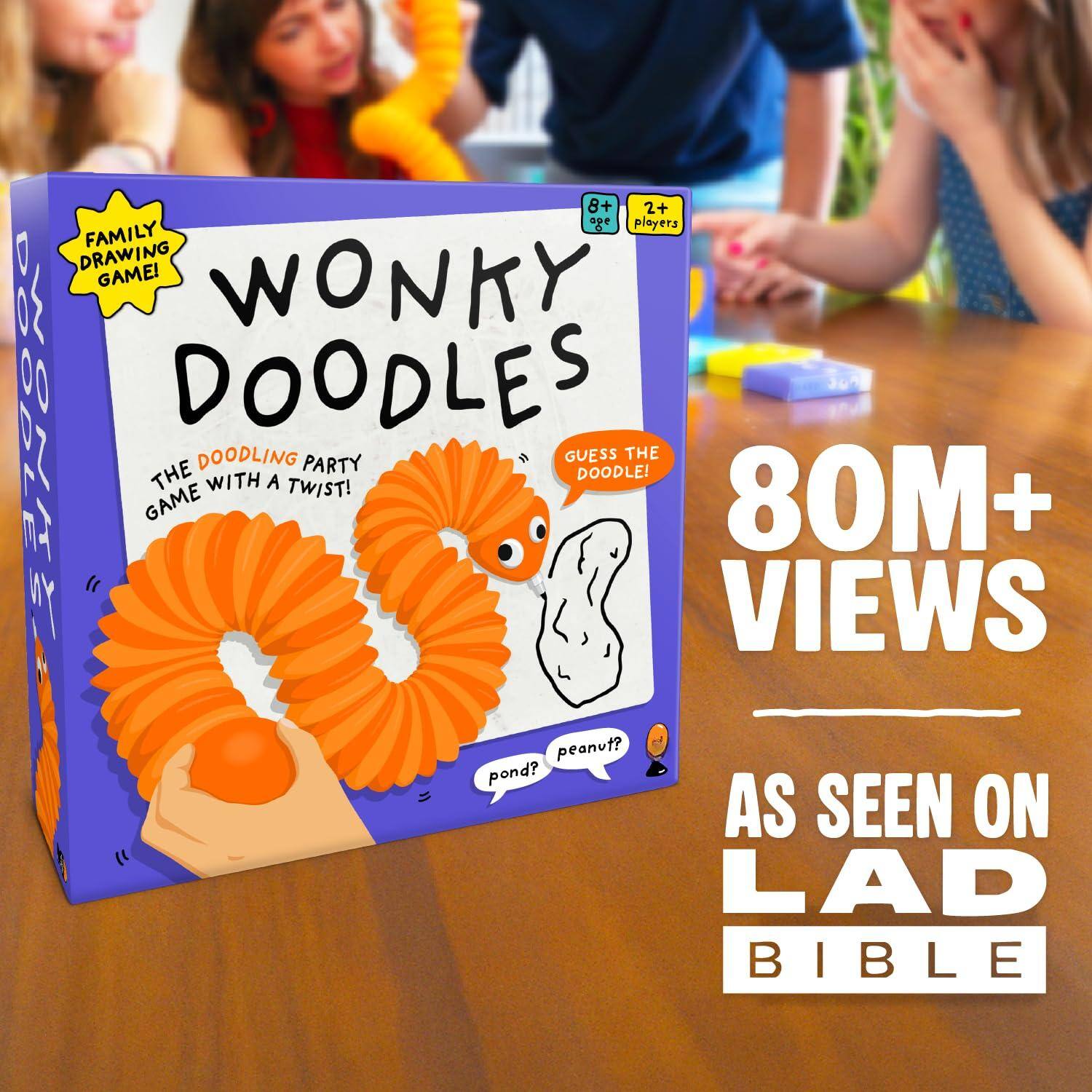 Sure, here is the corrected and grouped text from the image:

---

**WONKY DOODLES**

**THE DOODLING PARTY GAME WITH A TWIST!**

**FAMILY DRAWING GAME!**

**8+ 2+ players**

**GUESS THE DOODLE!**

**80M+ VIEWS**

**AS SEEN ON LAD BIBLE**

---

**pond? peanut?**