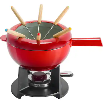 Front. ZWILLING - ZWILLING 8-in Fondue Pot Set with 6 Forks, For Chocolate, Caramel, Cheese, Sauces and More - Cherry.