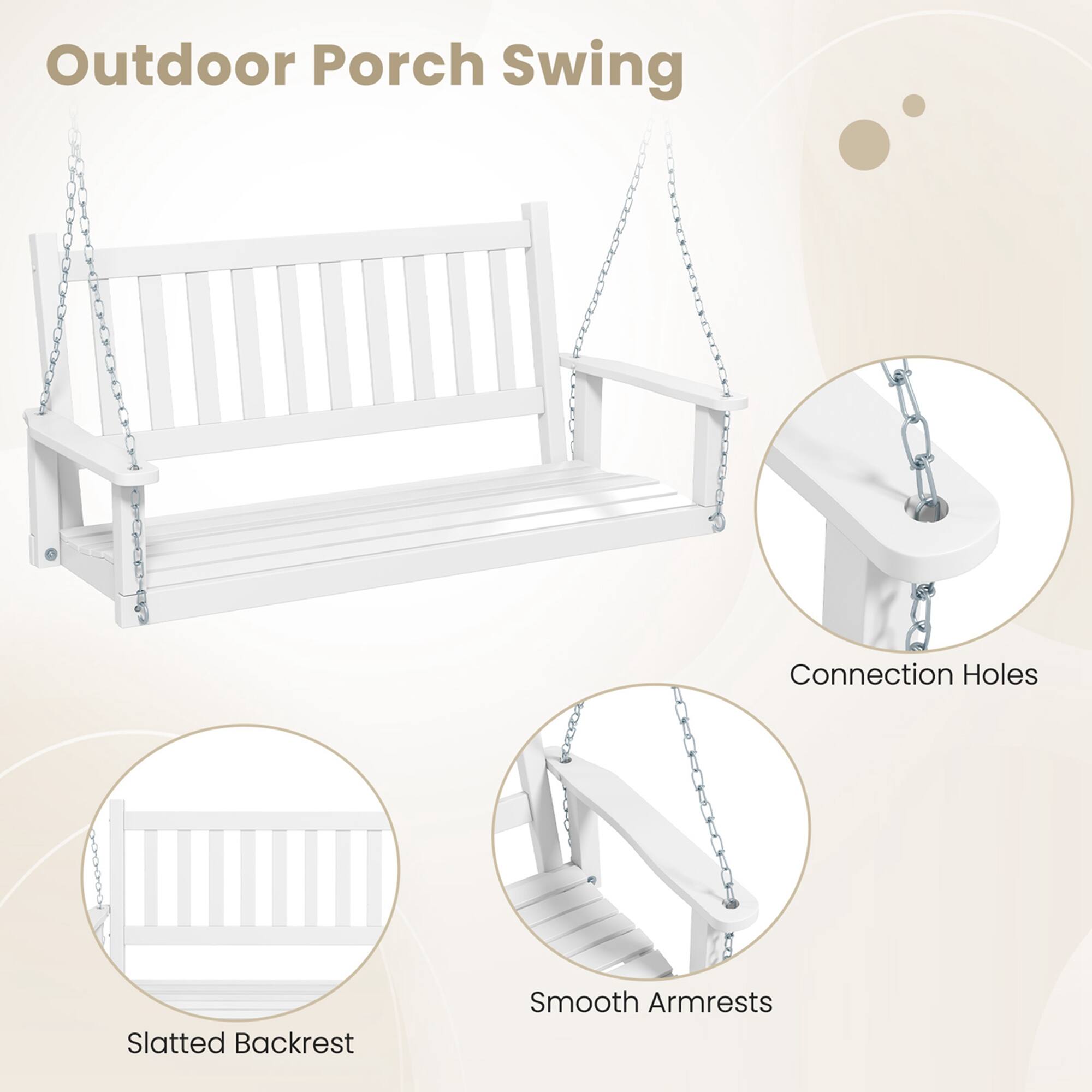 Outdoor Porch Swing Connection Holes Slatted Backrest Smooth Armrests