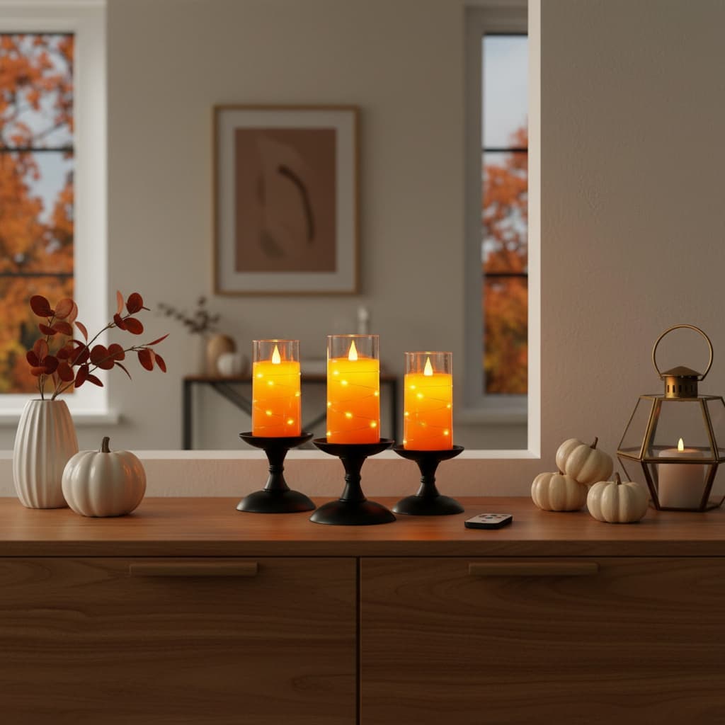 Alt View 2. FINEAK - Halloween Orange Flameless Candles with String Lights - Battery-Operated LED with Remote & Timer - Orange.