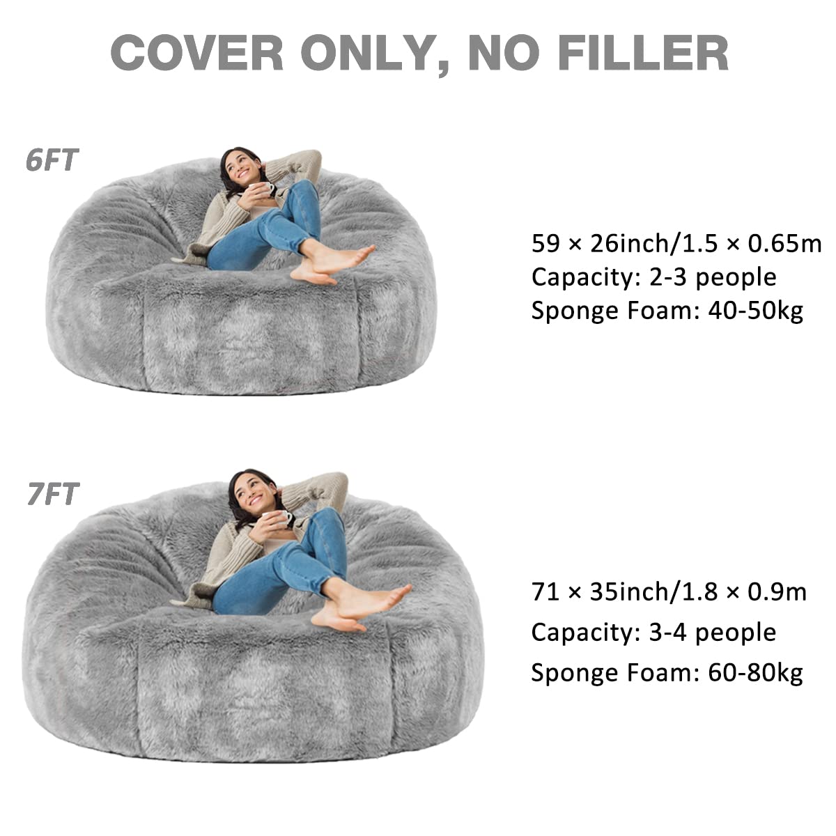 COVER ONLY, NO FILLER

6FT  
59 x 26inch/1.5 x 0.65m  
Capacity: 2-3 people  
Sponge Foam: 40-50kg

7FT  
71 x 35inch/1.8 x 0.9m  
Capacity: 3-4 people  
Sponge Foam: 60-80kg