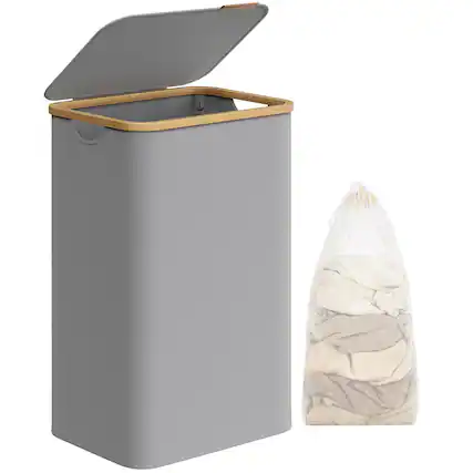 Front. Songmics Home - Laundry Basket with Lid, Large Laundry Hamper, 90L, Removable Mesh Liner, Oxford Fabric, Bamboo Handles, Collapsible - Dove Gray.