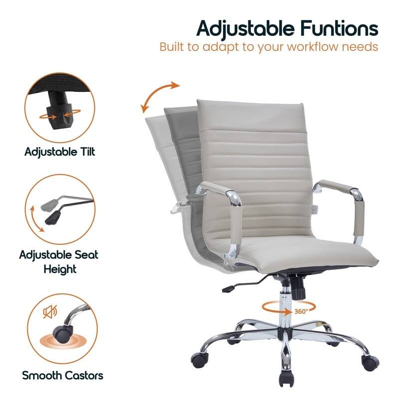 Adjustable Functions  
Built to adapt to your workflow needs  

- Adjustable Tilt  
- Adjustable Seat Height  
- Smooth Castors  
- 360°