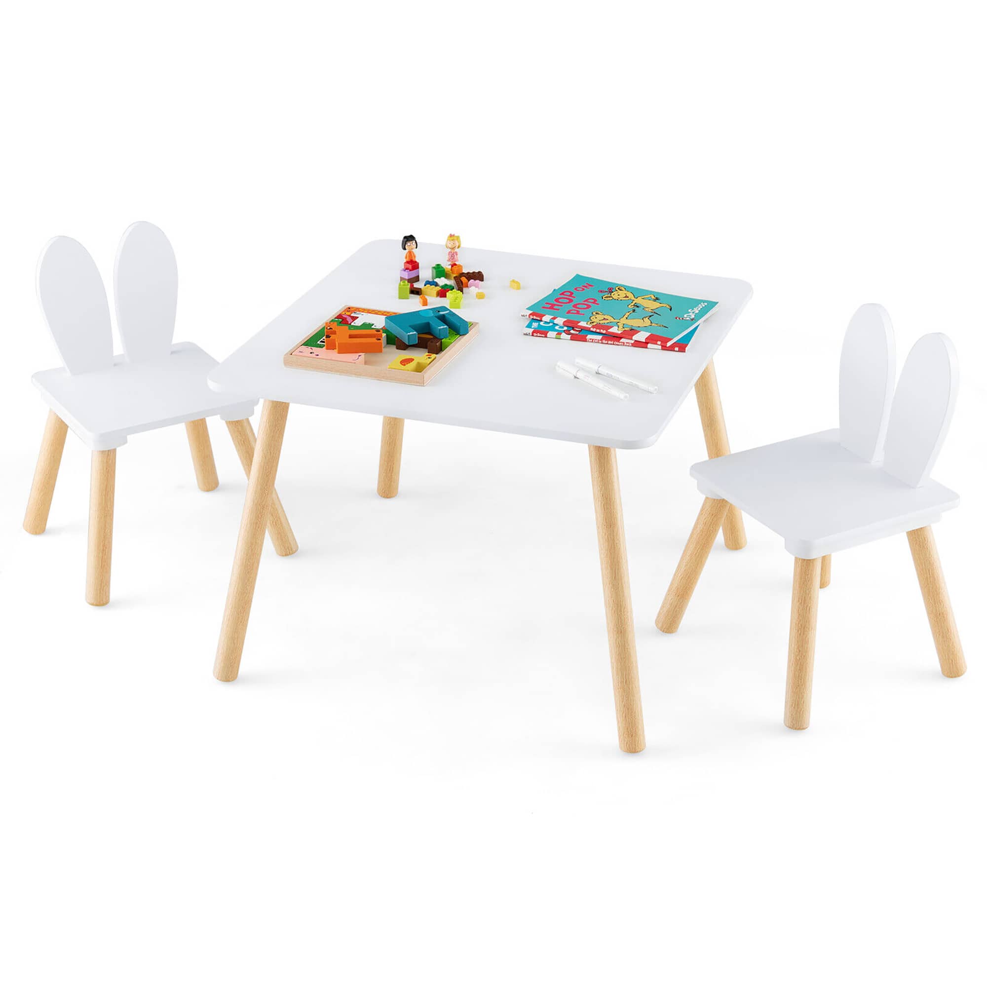 Gymax - 3 Pieces Kids Table & Chairs Set Children Wooden Furniture Set w/Solid Wood Legs - White