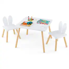 Gymax - 3 Pieces Kids Table & Chairs Set Children Wooden Furniture Set w/Solid Wood Legs - White