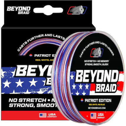 BEYOND BRAID
CASTS FURTHER AND LASTS LONGER
PATRIOT EDITION
RED, WHITE, AND BLUE
NO STRETCH • NO MEMORY
STRONG, SMOOTH, SLEEK
BEYOND BRAID.COM
USA COMPANY