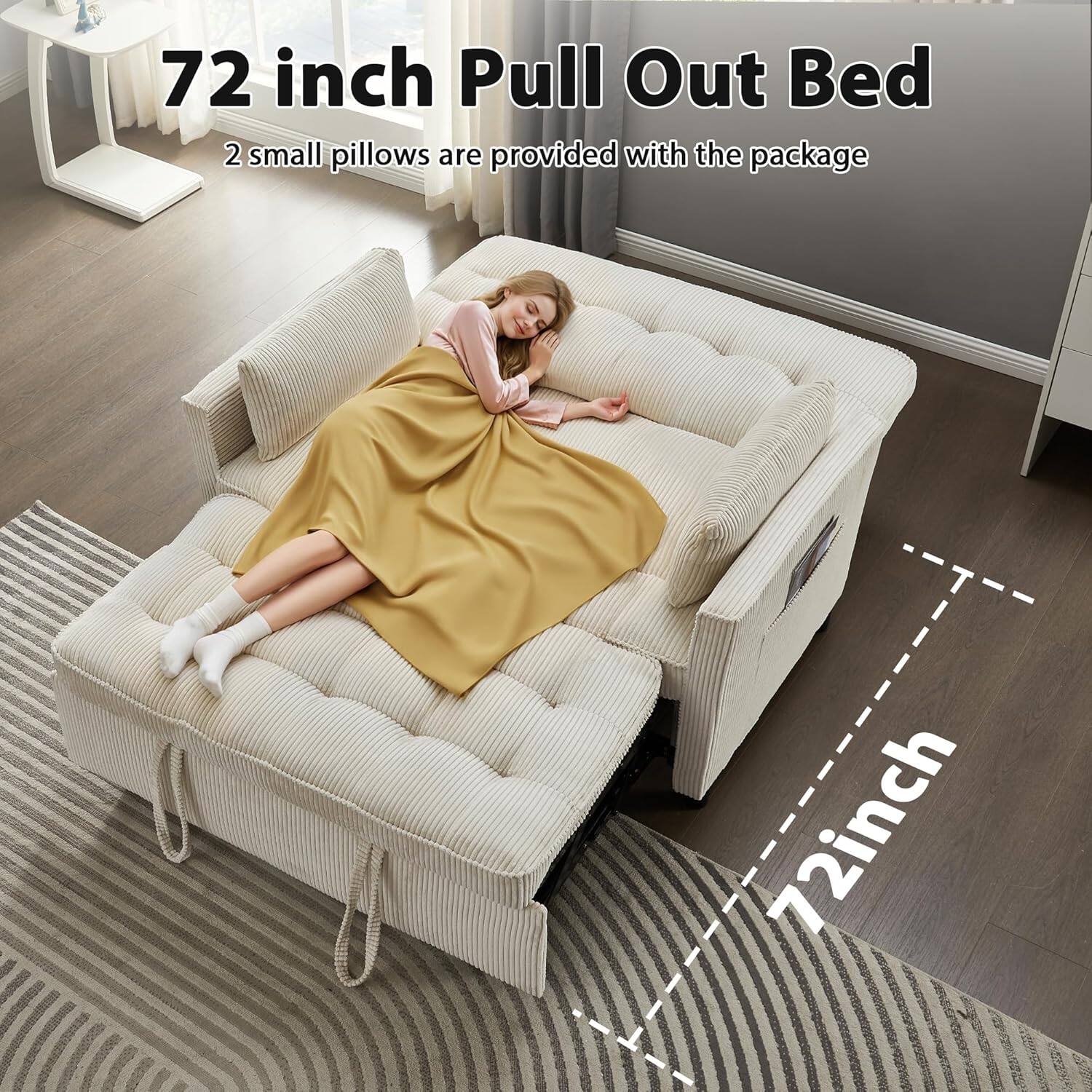 72 inch Pull Out Bed  
2 small pillows are provided with the package  
72 inch