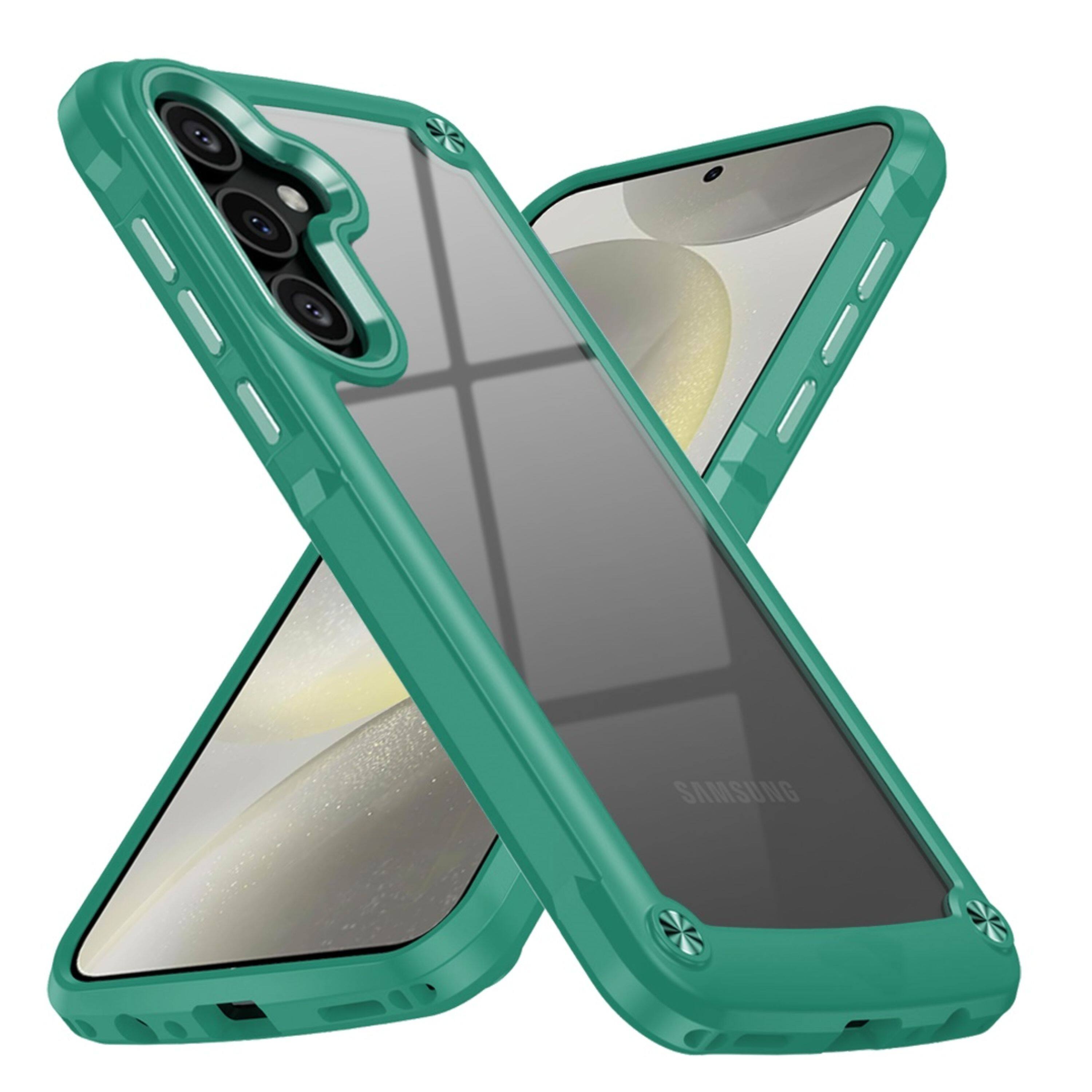 Angle. Kitcheniva - Raised Bezel Metal Buttons Phone Case With Tempered Glass For Samsung S25+/S24+ Might Green - Might Green.