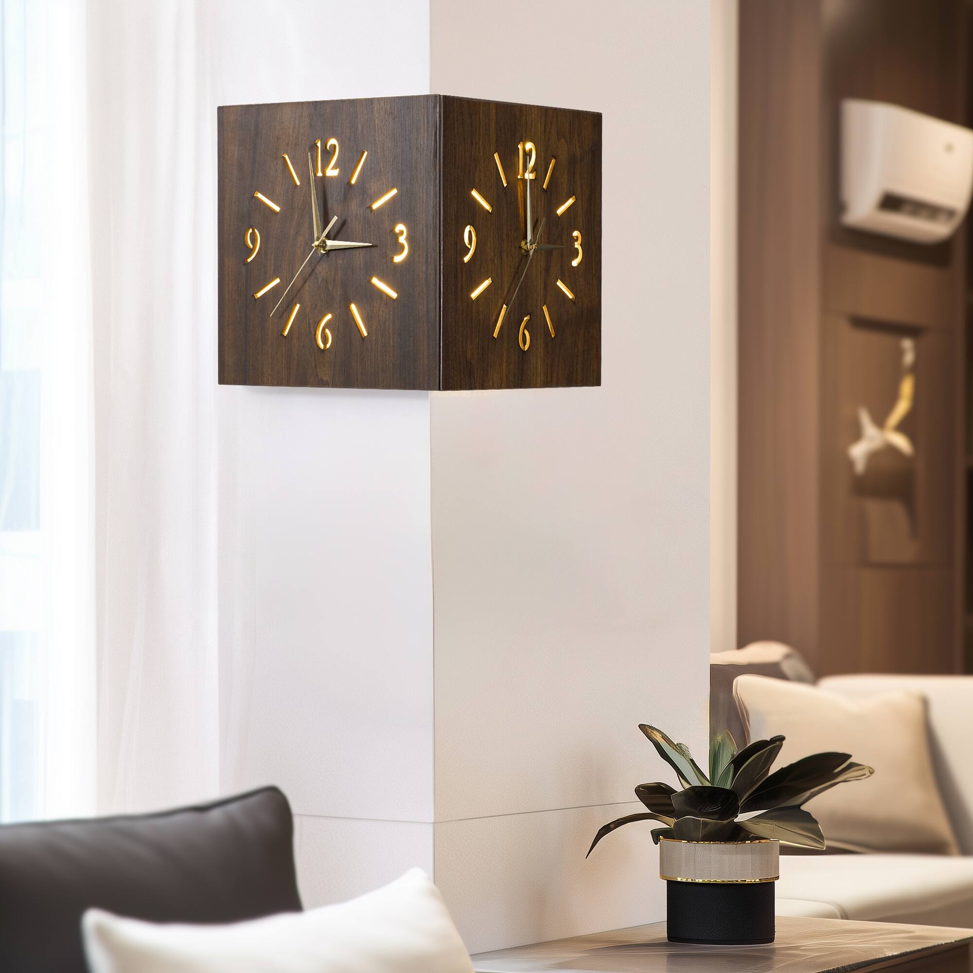 Angle. Lamp Depot - Metal Sound Sensor Backlit Corner Clock - Brown.