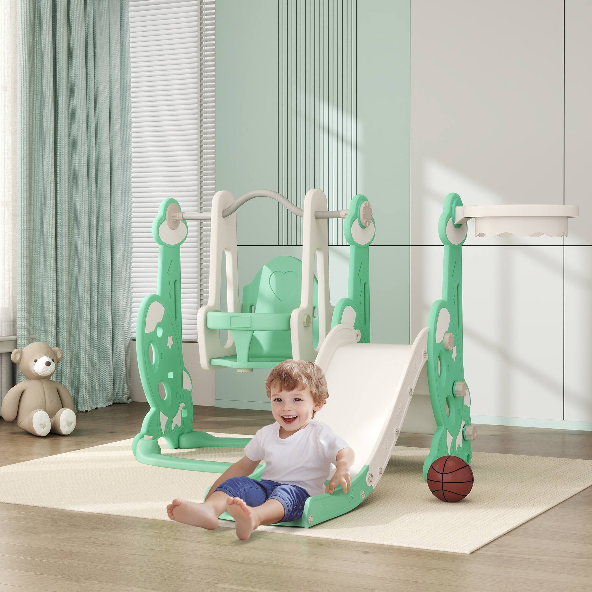 Angle. Qaba - 4 in 1 Toddler Slide and Swing Set, Indoor Kids Slide, Playset Playground, Climber, Basketball Hoop, Rocket Themed.