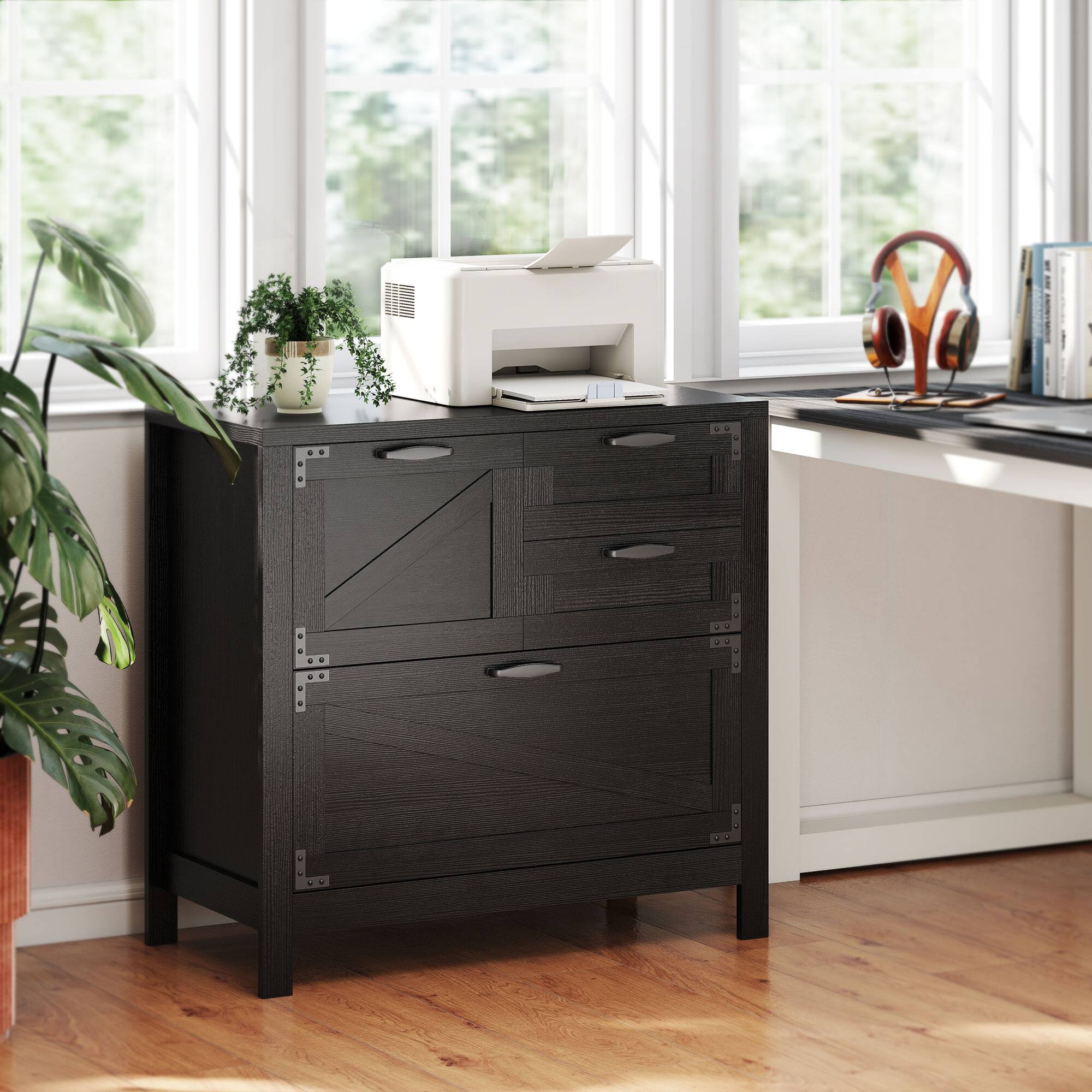 Alt View 1. Homcom - Filing Cabinet, Farmhouse File Cabinet with 4 Drawers - Black.