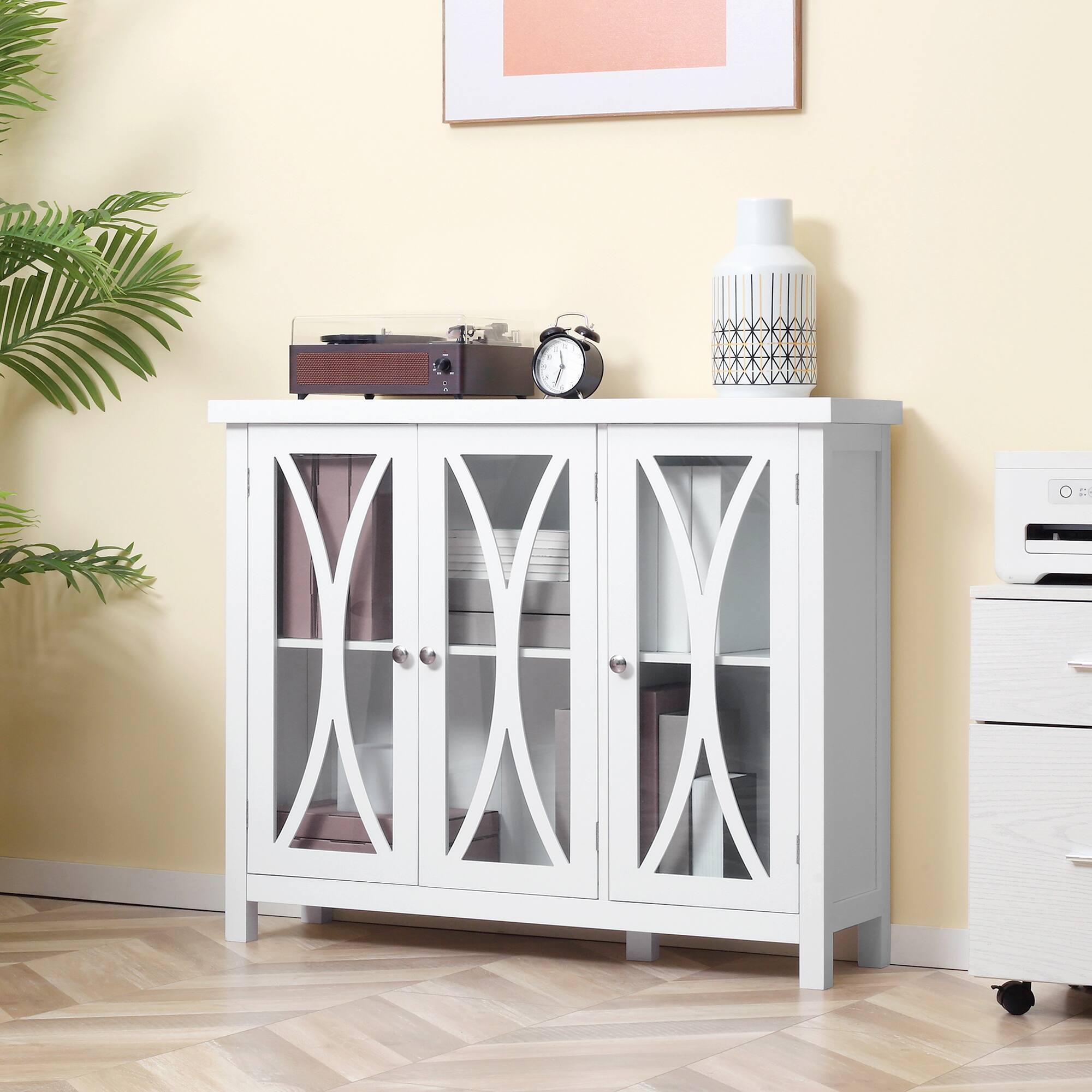 Alt View 1. Homcom - Buffet Cabinet with 3 Tempered Glass Doors, Arc Pattern and Adjustable Storage Shelf - White.