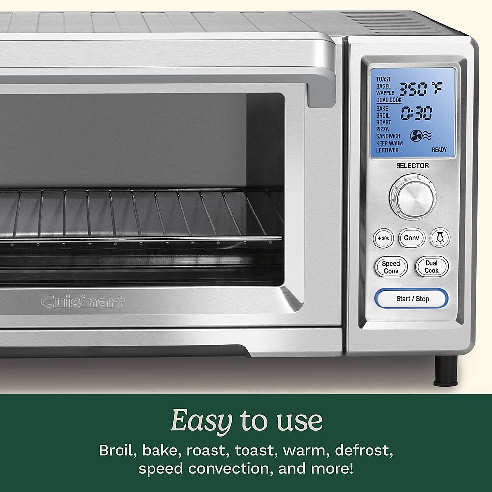 The text on the image is already grouped and correct. It reads: "Easy to use Broil, bake, roast, toast, warm, defrost, speed convection, and more!".