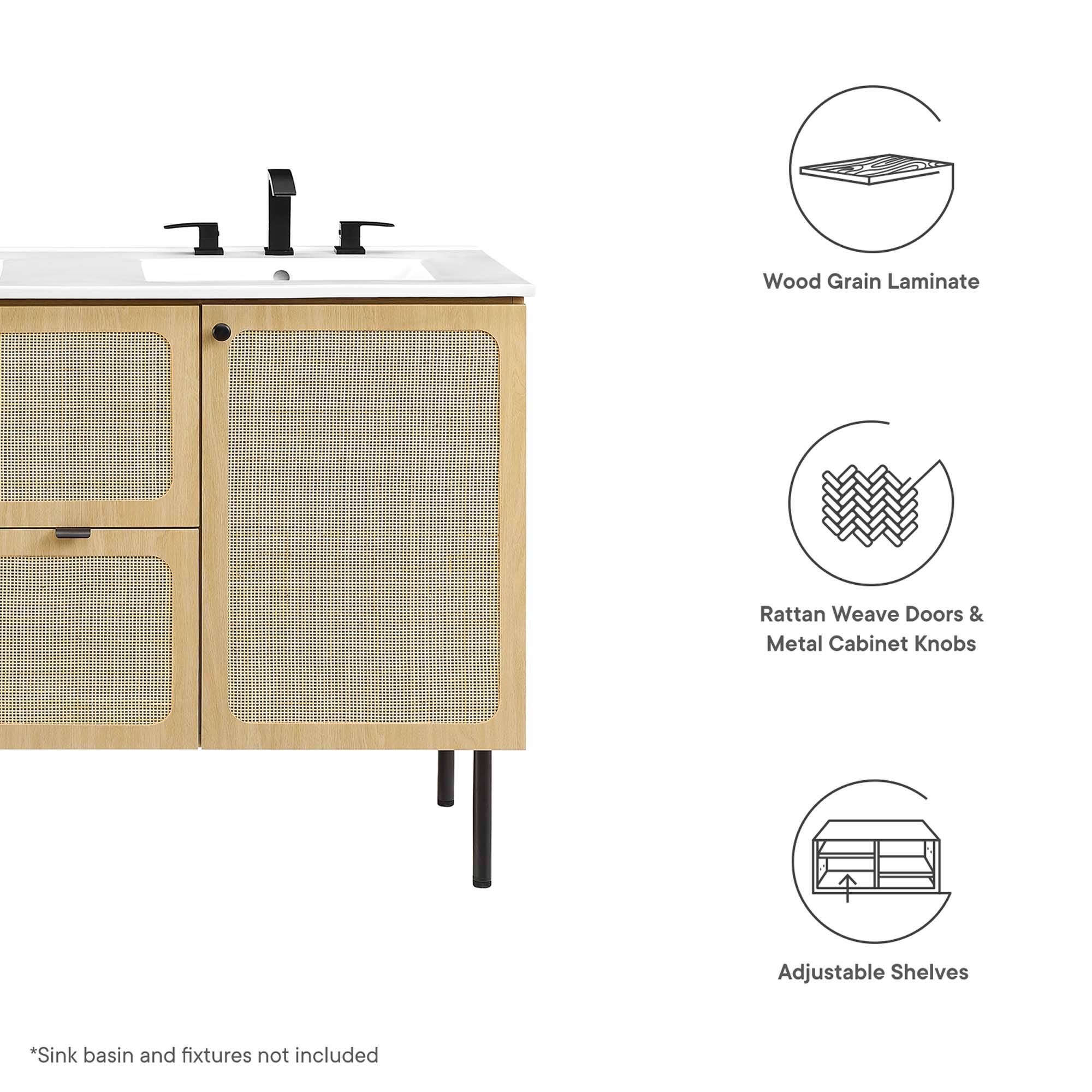 Wood Grain Laminate Rattan Weave Doors & Metal Cabinet Knobs Adjustable Shelves  
*Sink basin and fixtures not included