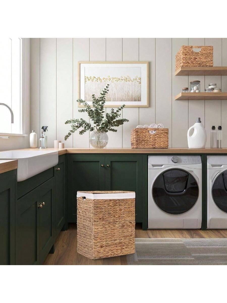 Alt View 5. Live At Space - Premium Natural Handwoven Portable Laundry Bin Basket with Carrying Handles, Household Storage Clothes, Linens, Sheets, - Natural Water Hyacinth + Rectangular (2 Pack).