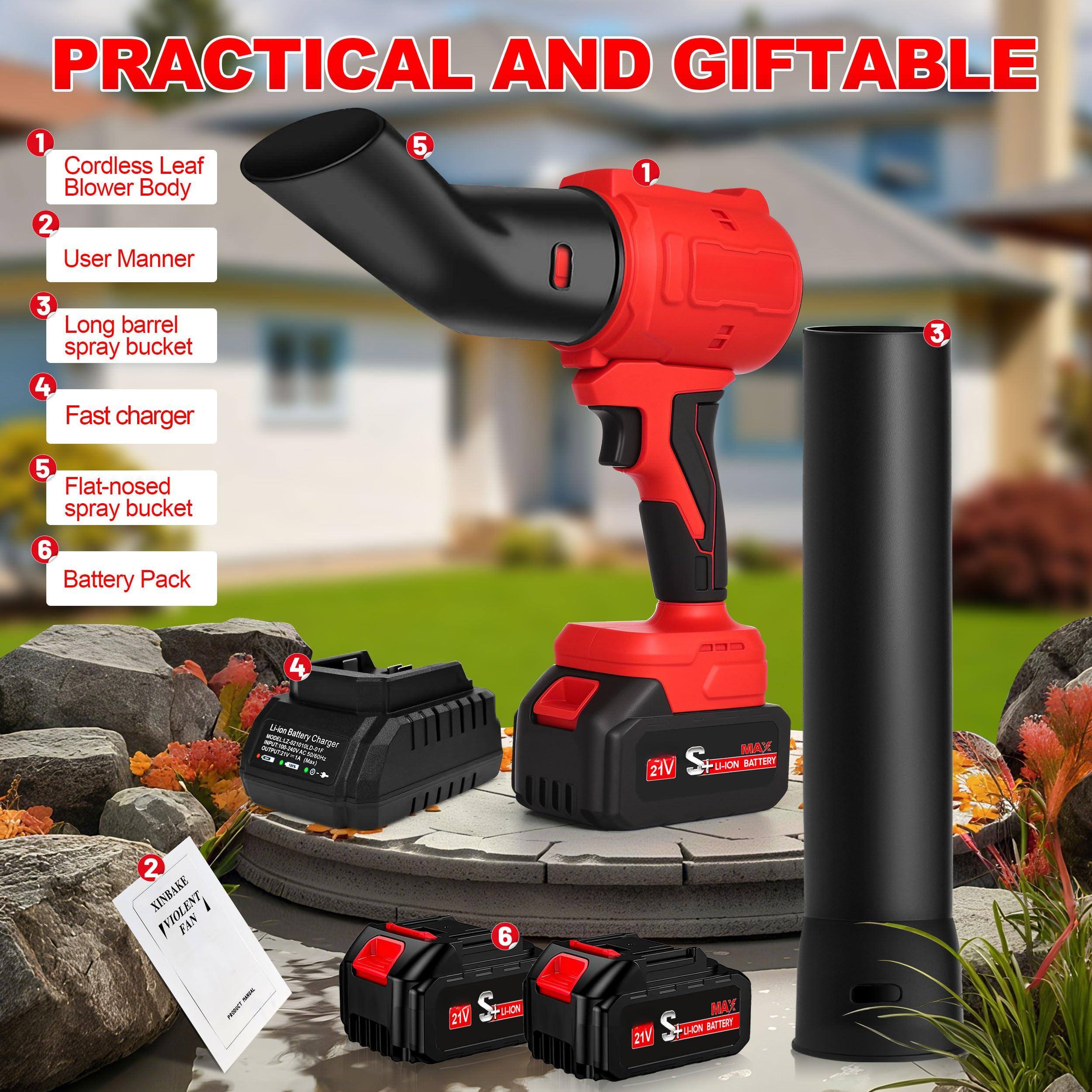 PRACTICAL AND GIFTABLE

1. Cordless Leaf Blower Body
2. User Manner
3. Long barrel spray bucket
4. Fast charger
5. Flat-nosed spray bucket
6. Battery Pack

MAZ
21V
SHION BATTERY

XINBAKE
VIOLENT FAN