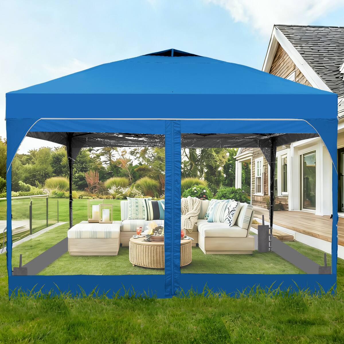 Alt View 1. Ainfox - Ainfox 10x10 FT Pop Up Canopy Tent Shelter Portable with 4 Clear PVC Sidewalls,Carry Bag & 4 Sandbags for Outdoor - Blue.
